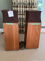 Front view of both speakers with cable coiled at base