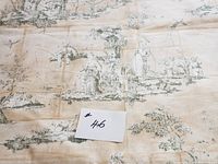 Asian toile fabric piece with traditional figures and scenic elements, showing fabric texture and pattern detail.