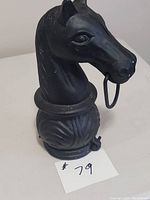 Black cast iron horse head hitch shown from an angled side view capturing facial details and ring in mouth.