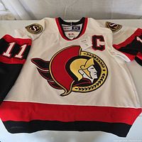 Front view of Ottawa Senators hockey jersey with large team logo, captain's C, and number 11 on the sleeves.