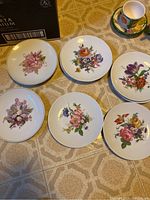 Overview of six plates laid out with various floral designs, plus one cup and saucer in the background.