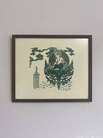 Framed silkscreen/serigraph print showing the entire artwork of a seated figure on a stylized pedestal with clouds and abstract motifs.