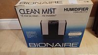 Front view of the Bionaire Clean Mist Humidifier box showing branding, model, and capacity.