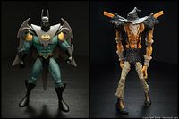 Side-by-side image showing Future Batman figure on left in teal and gray armor with mechanical wings and Twister Strike Scarecrow figure on right with skeletal orange and black outfit and black hat.