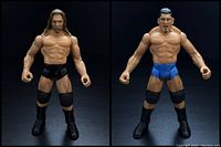 Two WWE action figures, Triple H on the left with black trunks and Batista on the right with blue trunks, shown front view against black background.