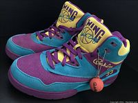 Pair of EWINGS Guard Sparkling Grape basketball shoes with vibrant purple, teal, and yellow suede, size 9.5