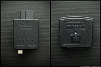 Front and back views of Nintendo 64 RF adapter and Jumper Pak showing branding and connectors