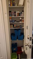 Photo of closet shelves holding shoe care products, plastic baskets, brushes, and other items