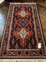 Full view of rug laid flat on hardwood floor showing overall design and fringe ends