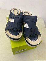 Top view of pair of black women's sandals showing strap design and footbed.