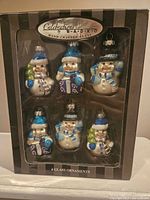 Front view of the Radko Celebrations box containing six glass snowman Christmas ornaments, showing each ornament clearly through transparent packaging.