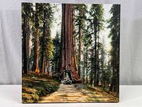 Full front view of the 20x20 canvas print featuring vintage car driving through the large tree tunnel in Yosemite.