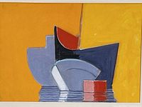 Close-up photo of the abstract art showing orange, blue, red, gray, black, and white geometric shapes with textured painterly style.