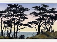Close-up of the artwork showing silhouetted Cypress trees by the coast during sunset with soft pastel sky.