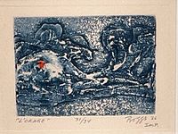 Close-up of the etching showing the stormy abstract scene with dark blue and white colors with a small red accent, signed and numbered by Boggs.