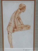 Close-up of the sepia toned etching of a nude woman, showing signature and detail of the figure.