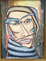 Close-up of abstract portrait painting showing stylized human face with geometric shapes and lines.