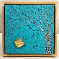 Frontal view of the square framed modern abstract tree painting on turquoise background, showing textured crackle surface and 3D square element affixed to the canvas.