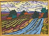 Close-up of pastel strokes showing cloud and hill details in lavender, cream and black outlines.