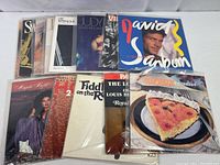Thirteen vintage vinyl albums in archival sleeves, featuring jazz, rock, and soul artists. Includes visible titles and covers for Swing Out Sister, Judy Collins, David Sanborn, Village People, and Yellowjackets among others.
