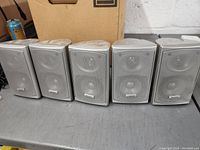 Photo of five silver Pioneer speakers arranged in a row, showing front metal grilles and visible woofers and tweeters