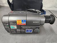 Sony Handycam Vision camcorder showing right side with viewfinder eyepiece and labels including '26x Zoom' and 'SteadyShot'