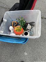 Top view of a clear plastic bin containing various Halloween decorations including a ceramic pumpkin, skull, greenery, jar, and small mirrors.