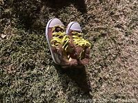 Photo of a pair of kids Heeley shoes placed on grass outside. Shoes are brown with yellow laces and white soles and toe caps.