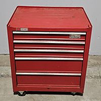 Front view of red Craftsman tool chest with 5 drawers on casters.
