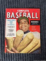 Front cover of the 1953 Complete Baseball Magazine featuring Roy Campanella and baseball bats, text highlights on World Series and baseball stories.