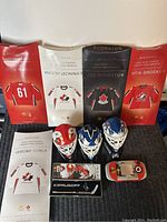 Full view of lot showing four mini jerseys in packaging, three goalie mask replicas, collectible puck, and player card.