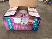 Original box showing Assurance brand, women's underwear, large size, 54 count.