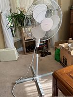 Full view of the 17-inch white Homestyles oscillating floor fan showing the adjustable height stand and three-prong base.