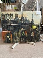 Full view of oil painting showing three fishing ships with textured brushwork.