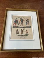 Framed hand-coloured copper engraving showing six military figures in period attire with muskets and spears, titled 'Military Habits of the 18th & 19th Cent'.