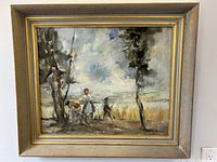 Full view of the framed oil painting showing figures near trees with a cloudy sky.