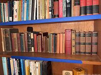Bookshelf overview showing multiple antique hardcover volumes