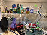 Shelf containing an array of cleaning products and garden supplies including ammonia, Goop, insecticide, Miracle-Gro and others alongside binoculars, gloves, and funnels.