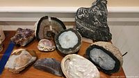 Full group photo showing all 10 crystal and fossil pieces, including amethyst, geodes, fern fossil and shells arranged together