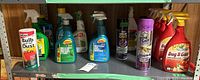 Shelf displaying the garden chemical bottles and containers including Bug B Gone, One Shot wasp foam, Wilson Bulb and Soil Dust powder, and various other insecticidal sprays.