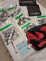Overview photo showing multiple labeled bags with assorted wrenches, sockets, and socket sets alongside a red and black carry bag.