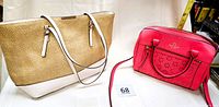 Two summer tote bags side by side: a white and raffia textured Kelly & Katie tote and a bright pink Kate Spade New York cut-out leather handbag with handles and a shoulder strap.