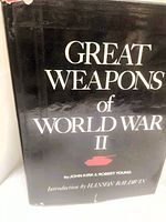 Close-up photo of the book cover Great Weapons of World War II by John Kirk & Robert Young, showing black dust jacket with white text and a small tank icon