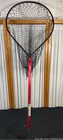 Full front view of Bass Pro Shops fishing net with red handle and black mesh.