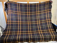 Full view of the vintage wool blanket hanging, showing the plaid pattern with blue, brown, and white colors and fringe edges.