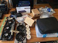 Overview of all electronics and MakerBeam parts arranged on table