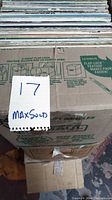Photo showing vinyl record collection in cardboard box labeled with lot number 17.