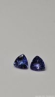 Pair of deep blue-purple tanzanite gemstones with trillion cut shown on plain background, front view.