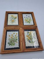 Overview of all 4 framed floral prints arranged together, showing wooden frames and matting.