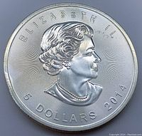 Obverse side of the 2014 Canadian 1 oz silver coin showing Queen Elizabeth II profile with inscriptions and date.